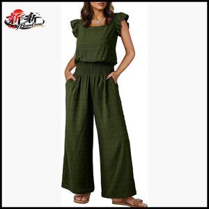 Cotton Polyester Casual Loose Fit Jumpsuit with Smocked Waist